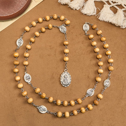 AMUSOUL Olive Wood Rosary Featuring Our Lady Medal: Divine Devotion in Every Bead