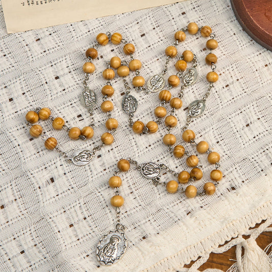 AMUSOUL Olive Wood Rosary Featuring Our Lady Medal: Divine Devotion in Every Bead