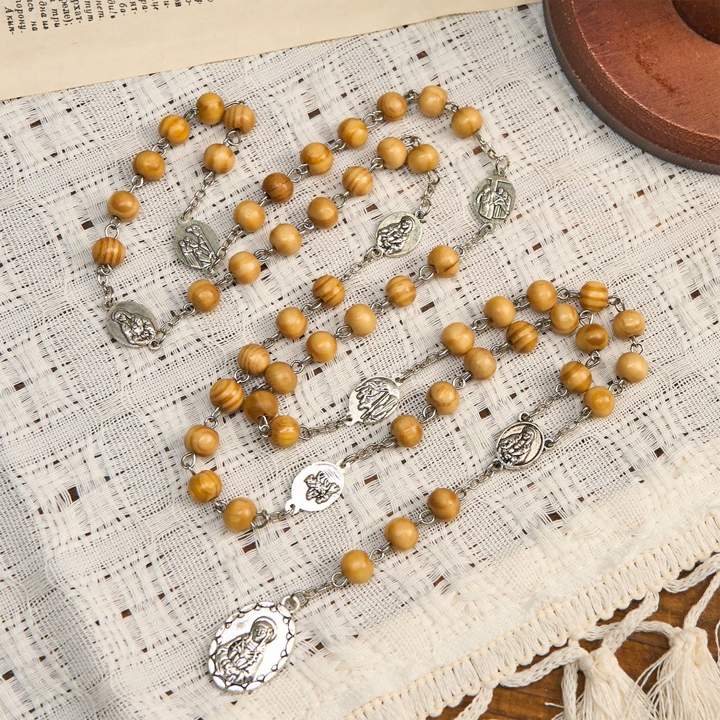 AMUSOUL Olive Wood Rosary Featuring Our Lady Medal: Divine Devotion in Every Bead