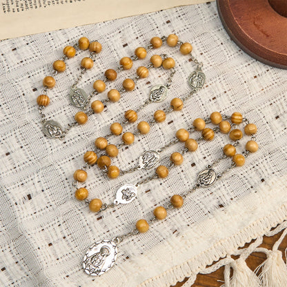 AMUSOUL Olive Wood Rosary Featuring Our Lady Medal: Divine Devotion in Every Bead