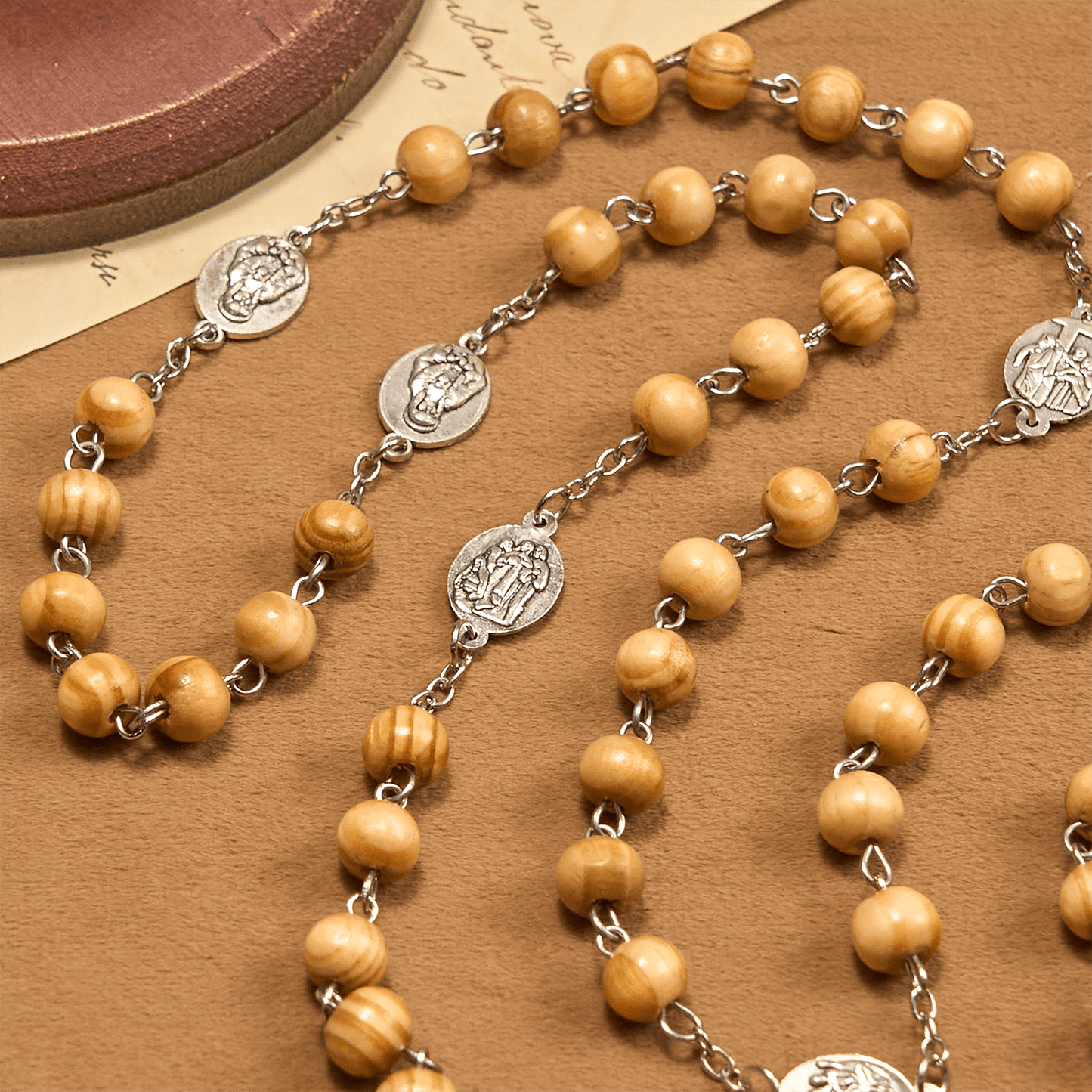 AMUSOUL Olive Wood Rosary Featuring Our Lady Medal: Divine Devotion in Every Bead