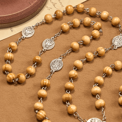 AMUSOUL Olive Wood Rosary Featuring Our Lady Medal: Divine Devotion in Every Bead
