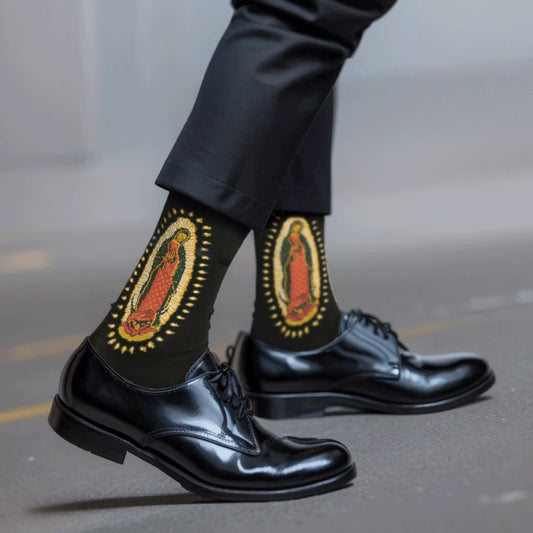 AMUSOUL  Black Virgin of Guadalupe Religious Crew Socks: Retro Design. Exclusive Faith Flair