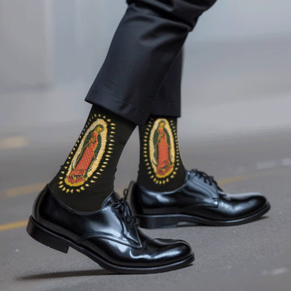 AMUSOUL  Black Virgin of Guadalupe Religious Crew Socks: Retro Design. Exclusive Faith Flair