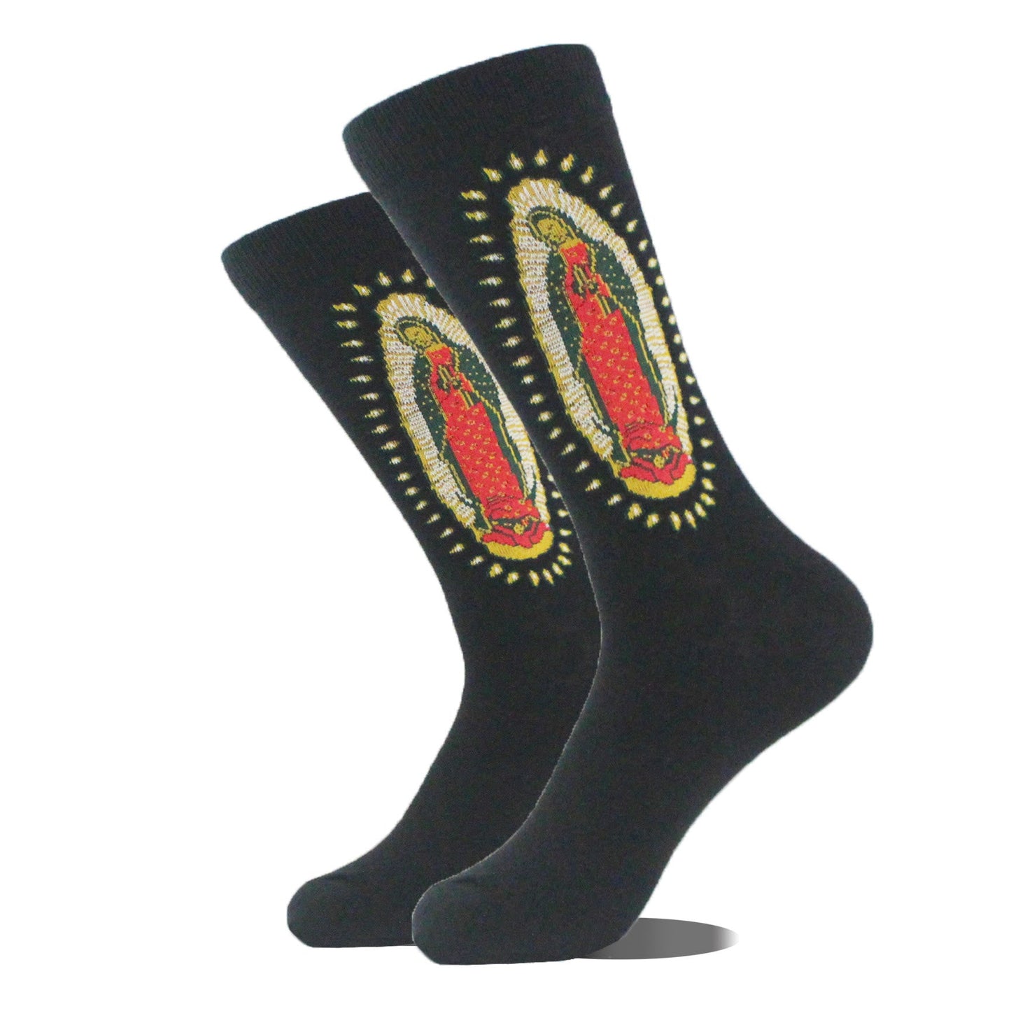 AMUSOUL  Black Virgin of Guadalupe Religious Crew Socks: Retro Design. Exclusive Faith Flair