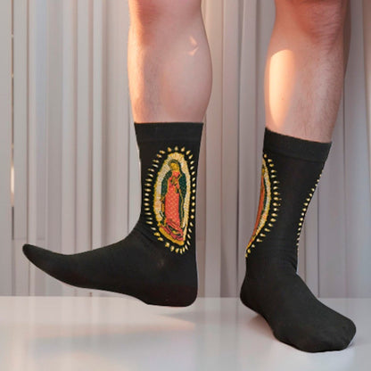 AMUSOUL  Black Virgin of Guadalupe Religious Crew Socks: Retro Design. Exclusive Faith Flair