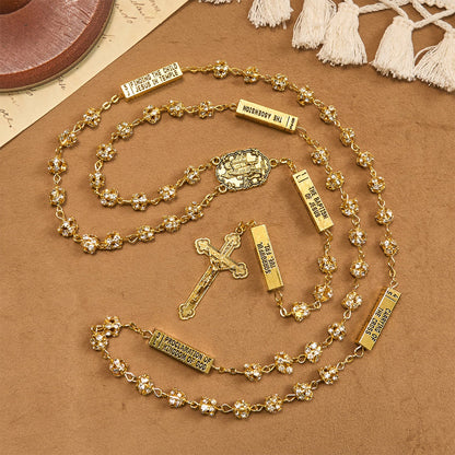 AMUSOUL Our Lady of Fátima & Crucifix of 8 mm Round Golden Metal Gems Alloy Chain Rosary