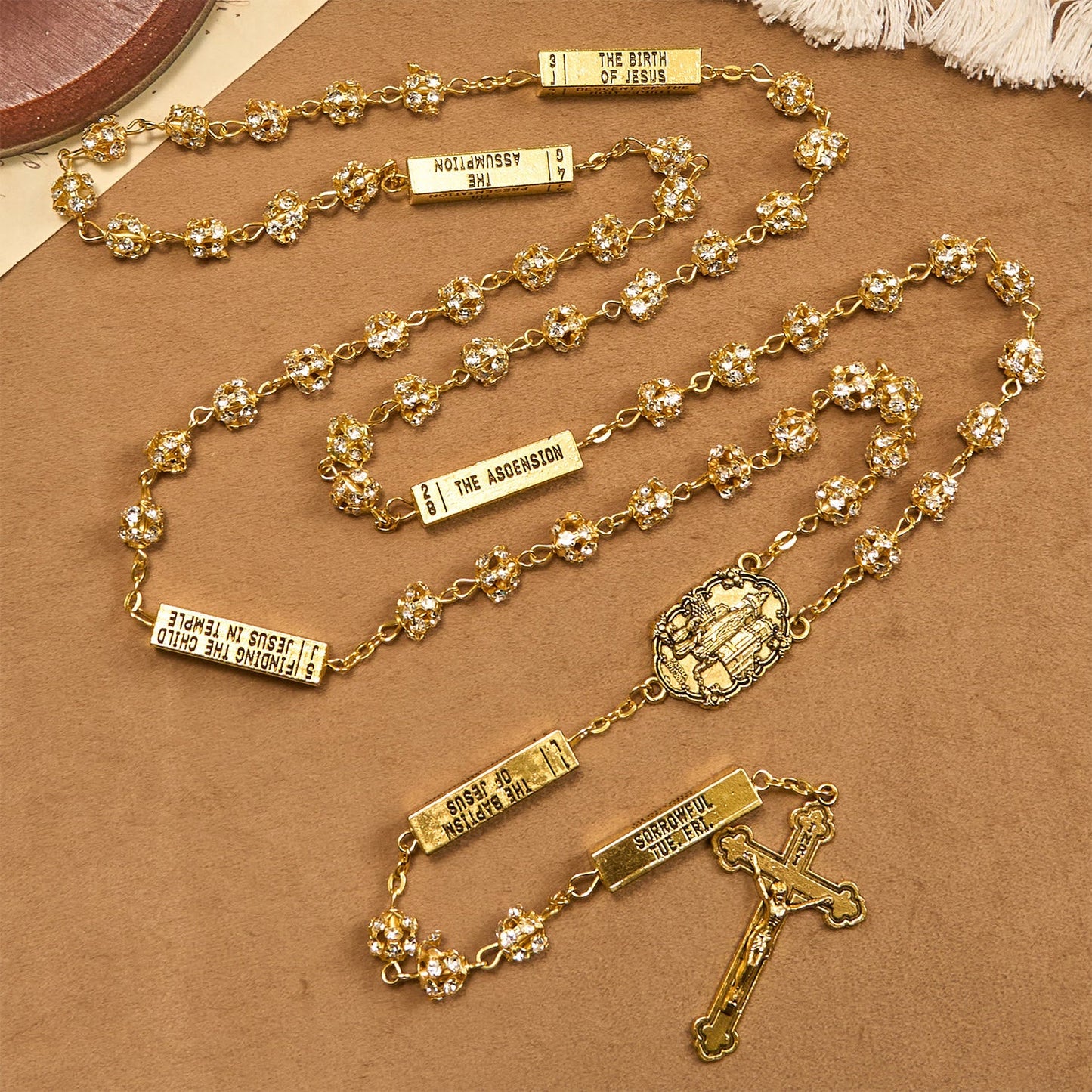 AMUSOUL Our Lady of Fátima & Crucifix of 8 mm Round Golden Metal Gems Alloy Chain Rosary