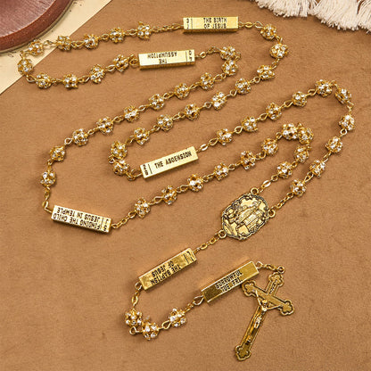 AMUSOUL Our Lady of Fátima & Crucifix of 8 mm Round Golden Metal Gems Alloy Chain Rosary