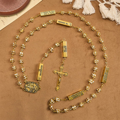 AMUSOUL Our Lady of Fátima & Crucifix of 8 mm Round Golden Metal Gems Alloy Chain Rosary