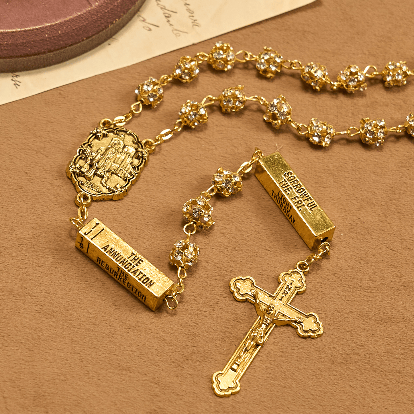 AMUSOUL Our Lady of Fátima & Crucifix of 8 mm Round Golden Metal Gems Alloy Chain Rosary