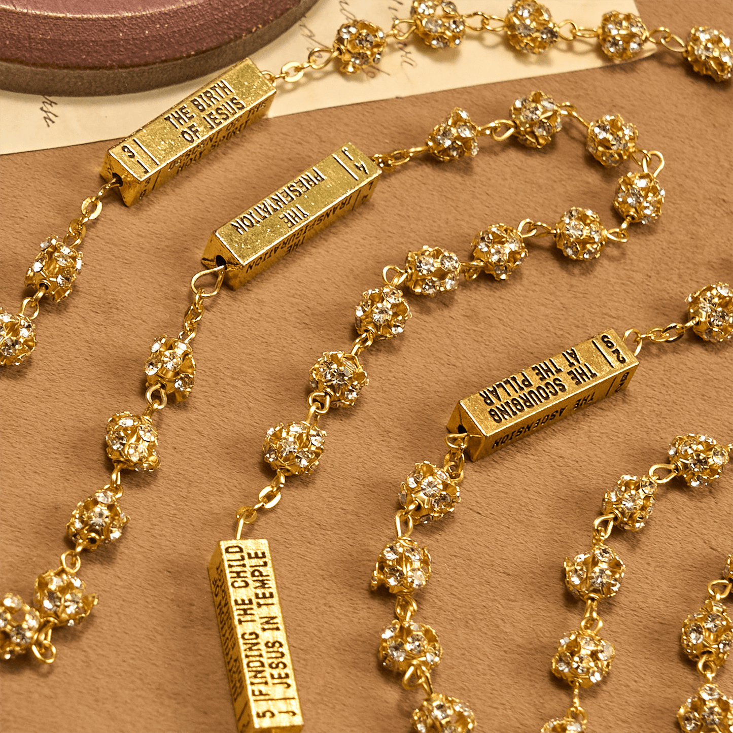 AMUSOUL Our Lady of Fátima & Crucifix of 8 mm Round Golden Metal Gems Alloy Chain Rosary