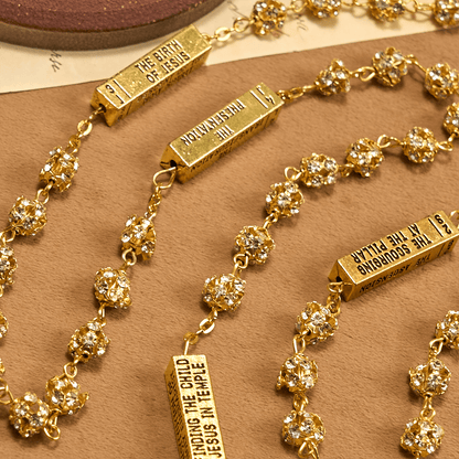 AMUSOUL Our Lady of Fátima & Crucifix of 8 mm Round Golden Metal Gems Alloy Chain Rosary