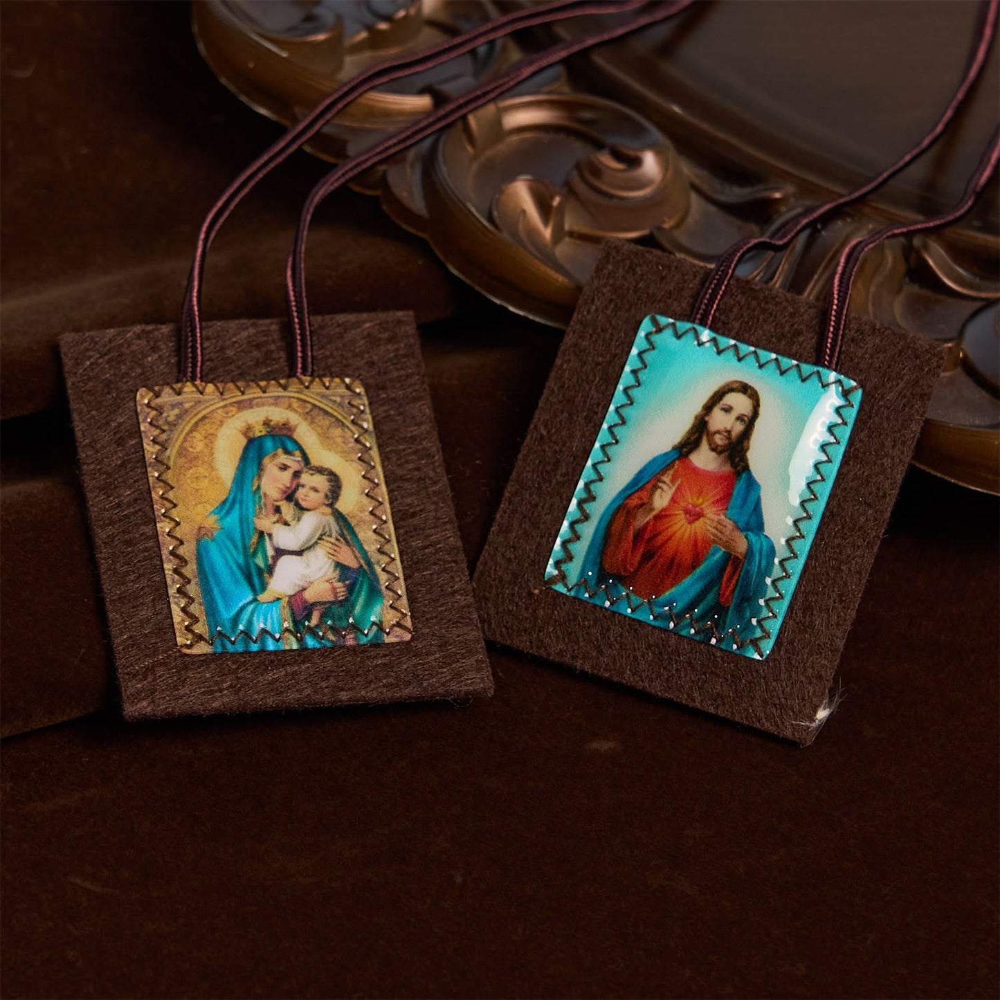 AMUSOUL  Blessed Brown Wool Scapular of Our Lady of Mt. Carmel & Sacred Heart: Unique Spiritual Bond