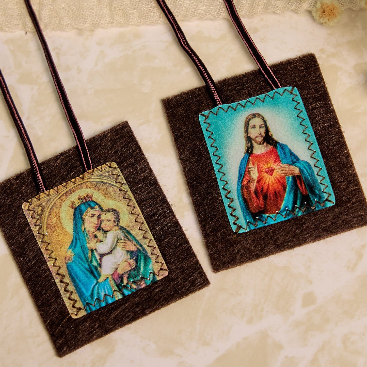 AMUSOUL  Blessed Brown Wool Scapular of Our Lady of Mt. Carmel & Sacred Heart: Unique Spiritual Bond