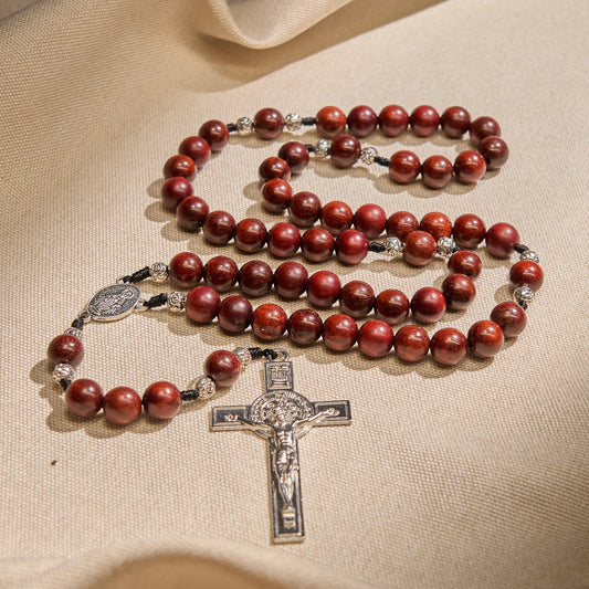 AMUSOUL Red Wood and Rose Beads Rosary with Miraculous Medal: Embrace Divine Grace and Protection