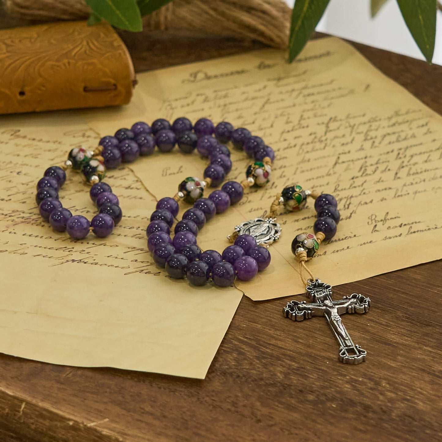 AMUSOUL Purple Agate & Cloisonné Beads Rosary with Virgin Mary Medal & Crucifix: Feel Graceful Devotion
