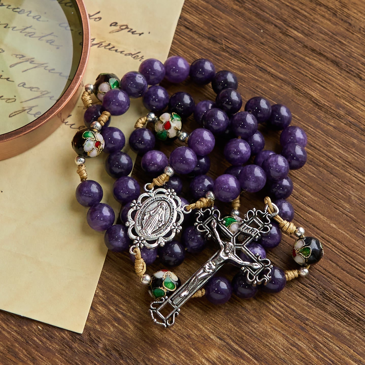 AMUSOUL Purple Agate & Cloisonné Beads Rosary with Virgin Mary Medal & Crucifix: Feel Graceful Devotion