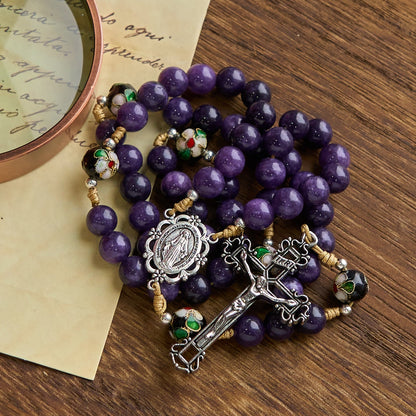 AMUSOUL Purple Agate & Cloisonné Beads Rosary with Virgin Mary Medal & Crucifix: Feel Graceful Devotion