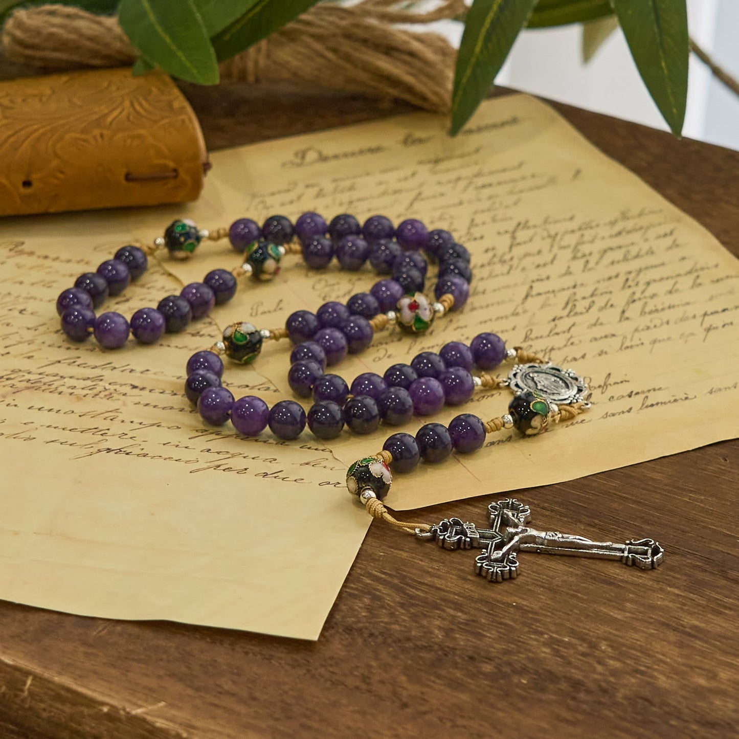 AMUSOUL Purple Agate & Cloisonné Beads Rosary with Virgin Mary Medal & Crucifix: Feel Graceful Devotion