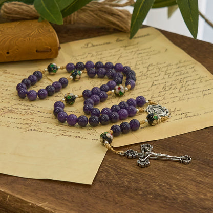 AMUSOUL Purple Agate & Cloisonné Beads Rosary with Virgin Mary Medal & Crucifix: Feel Graceful Devotion