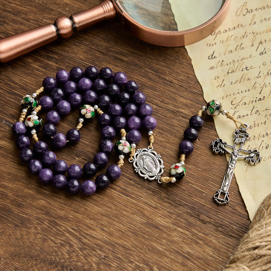 AMUSOUL Purple Agate & Cloisonné Beads Rosary with Virgin Mary Medal & Crucifix: Feel Graceful Devotion