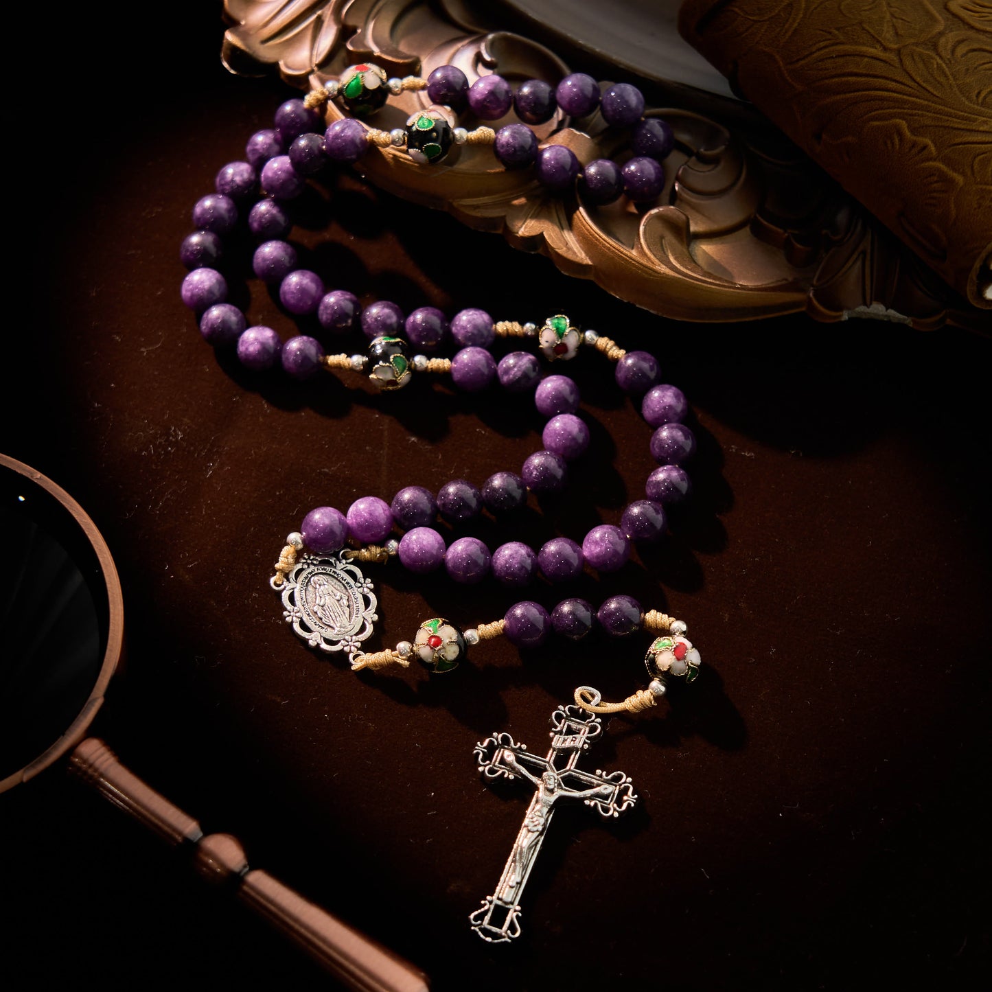 AMUSOUL Purple Agate & Cloisonné Beads Rosary with Virgin Mary Medal & Crucifix: Feel Graceful Devotion