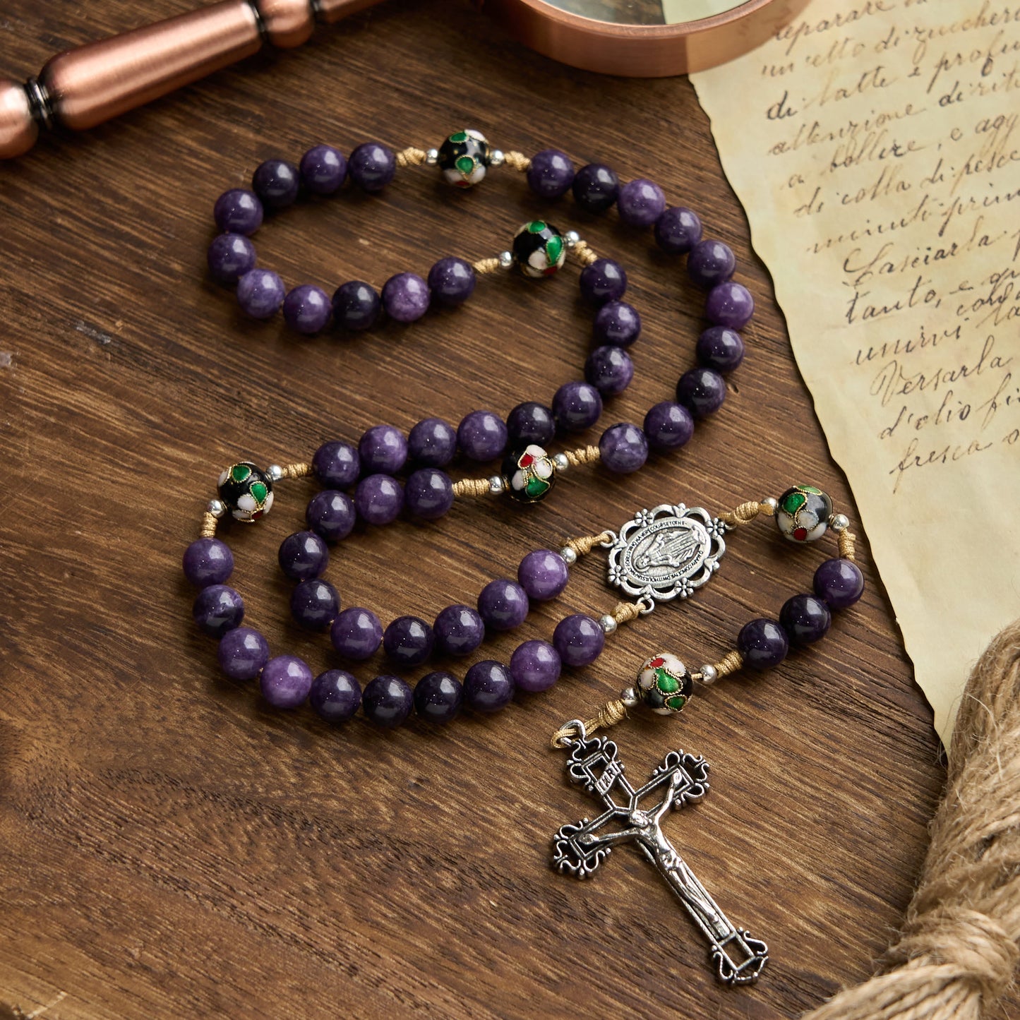 AMUSOUL Purple Agate & Cloisonné Beads Rosary with Virgin Mary Medal & Crucifix: Feel Graceful Devotion