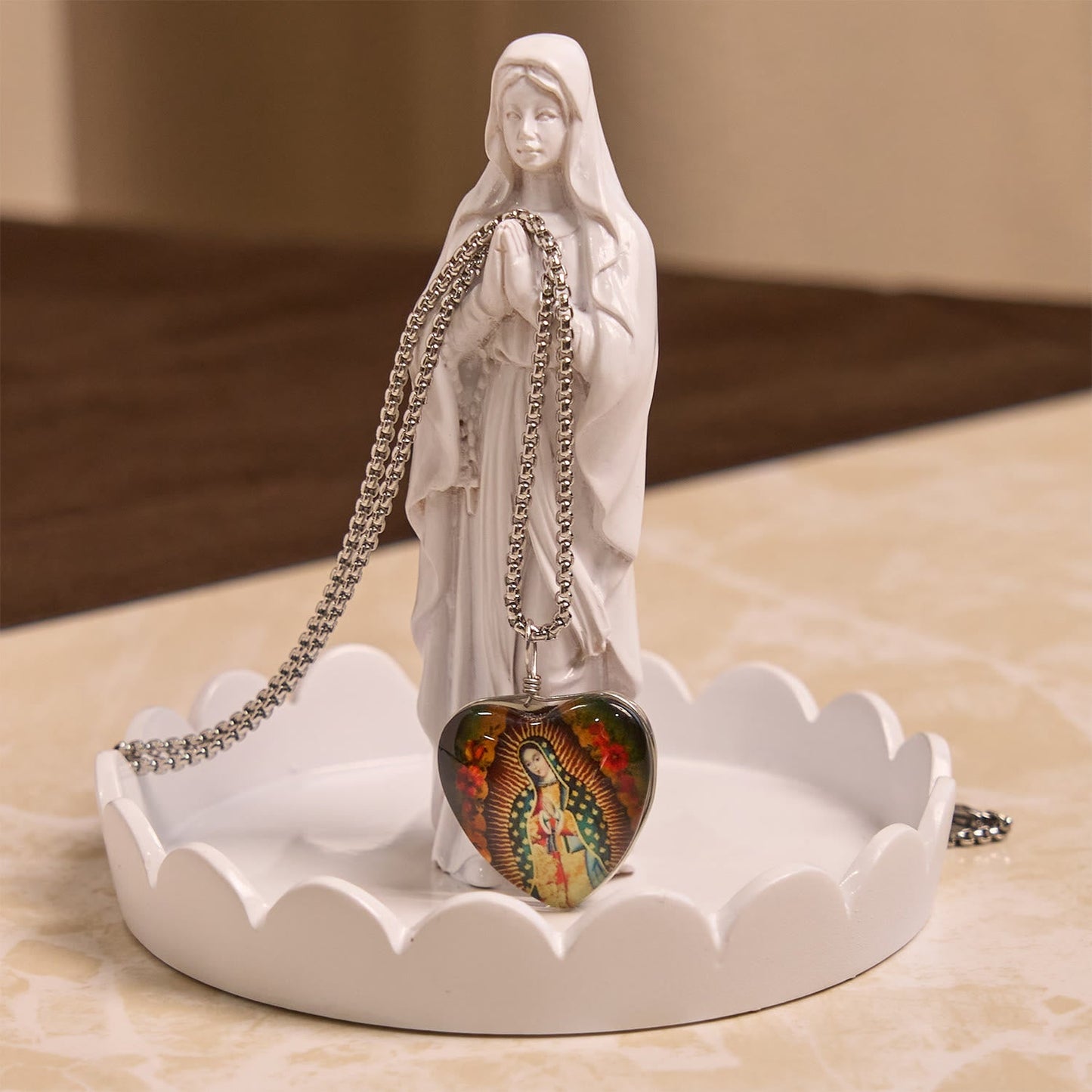 AMUSOUL  Black Our Lady of Guadalupe Glow-in-the-Dark Heart Shaped Resin Medal Necklace