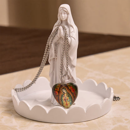 AMUSOUL  Black Our Lady of Guadalupe Glow-in-the-Dark Heart Shaped Resin Medal Necklace