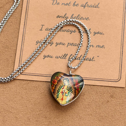 AMUSOUL  Black Our Lady of Guadalupe Glow-in-the-Dark Heart Shaped Resin Medal Necklace