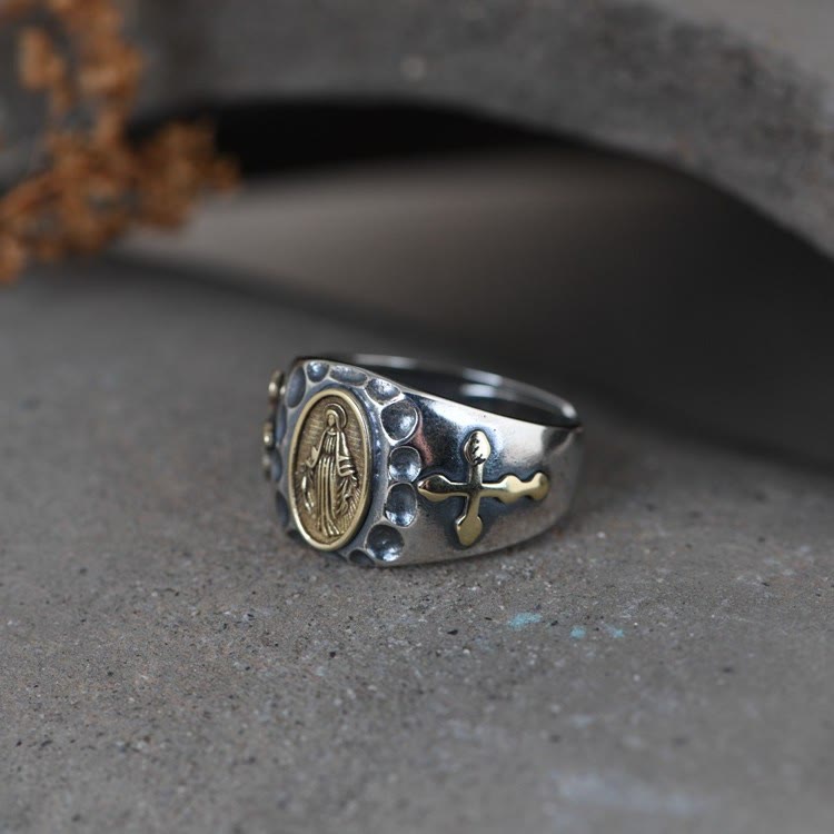 AMUSOUL  925 Sterling Silver Retro Style Virgin Mary Blessing Badge Religious Ring