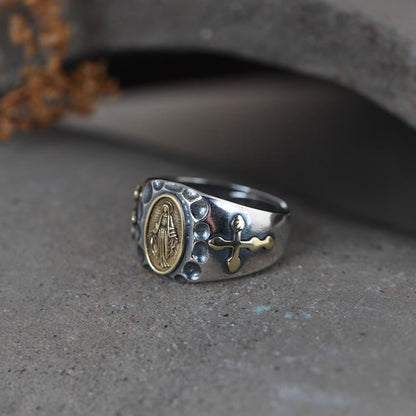 AMUSOUL  925 Sterling Silver Retro Style Virgin Mary Blessing Badge Religious Ring