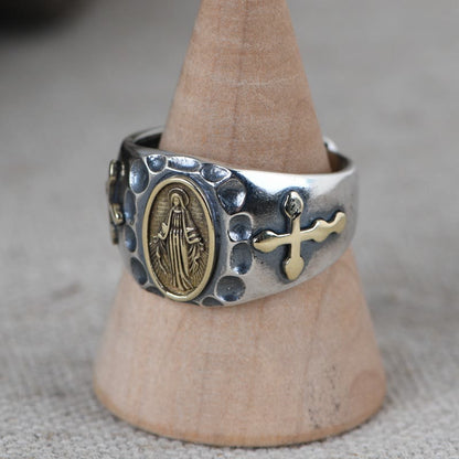 AMUSOUL  925 Sterling Silver Retro Style Virgin Mary Blessing Badge Religious Ring
