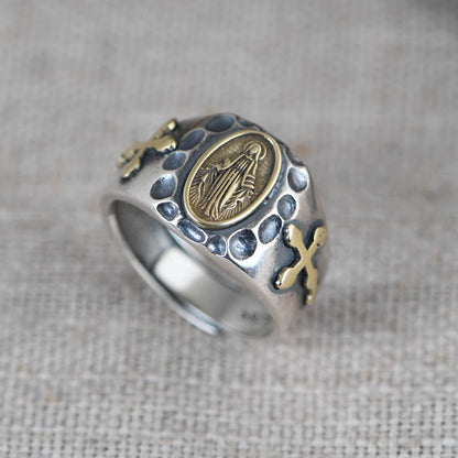 AMUSOUL  925 Sterling Silver Retro Style Virgin Mary Blessing Badge Religious Ring