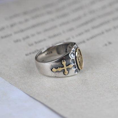 AMUSOUL  925 Sterling Silver Retro Style Virgin Mary Blessing Badge Religious Ring