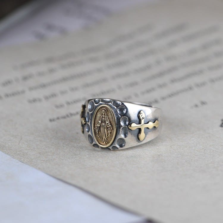 AMUSOUL  925 Sterling Silver Retro Style Virgin Mary Blessing Badge Religious Ring