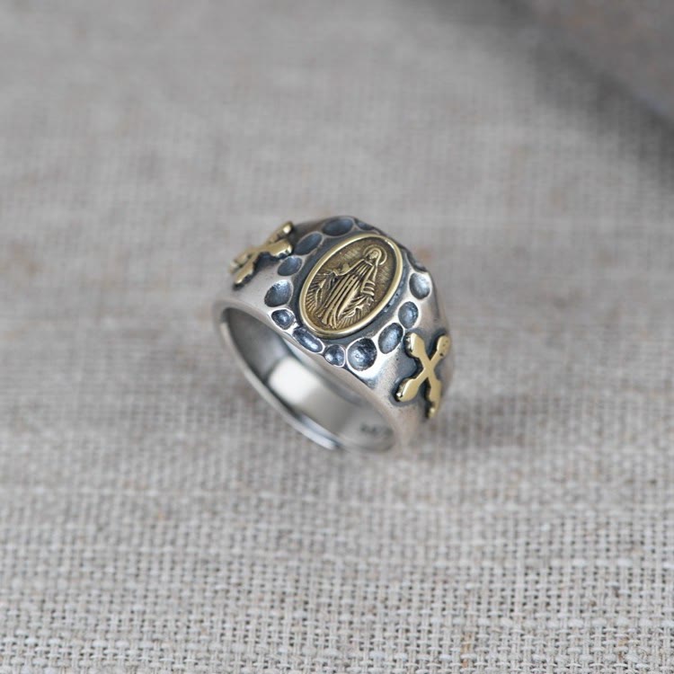 AMUSOUL  925 Sterling Silver Retro Style Virgin Mary Blessing Badge Religious Ring
