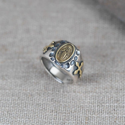 AMUSOUL  925 Sterling Silver Retro Style Virgin Mary Blessing Badge Religious Ring
