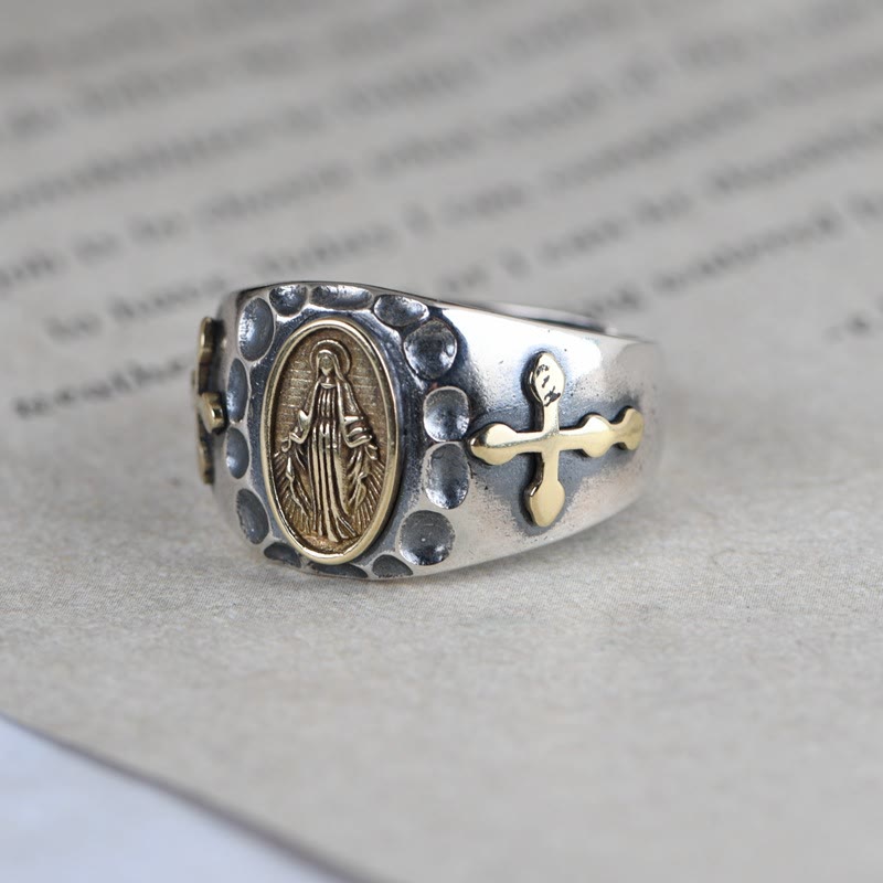 AMUSOUL  925 Sterling Silver Retro Style Virgin Mary Blessing Badge Religious Ring