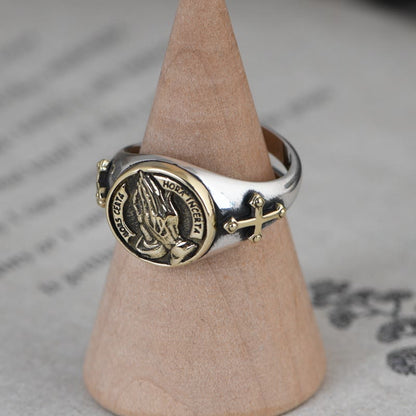 AMUSOUL  925 Sterling Silver Vintage Style Intricate Carved Praying Hands Ring