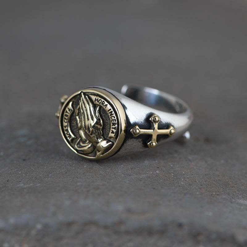 AMUSOUL  925 Sterling Silver Vintage Style Intricate Carved Praying Hands Ring