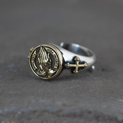 AMUSOUL  925 Sterling Silver Vintage Style Intricate Carved Praying Hands Ring