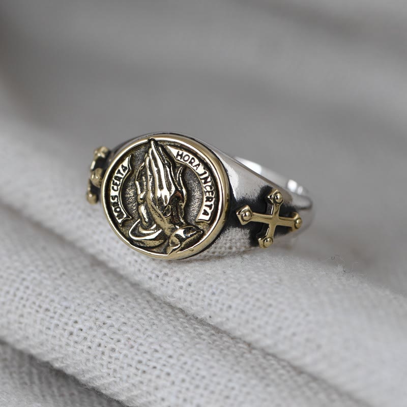 AMUSOUL  925 Sterling Silver Vintage Style Intricate Carved Praying Hands Ring