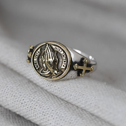 AMUSOUL  925 Sterling Silver Vintage Style Intricate Carved Praying Hands Ring
