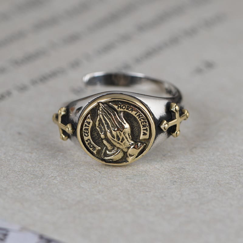 AMUSOUL  925 Sterling Silver Vintage Style Intricate Carved Praying Hands Ring