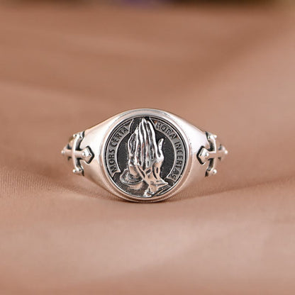 AMUSOUL  925 Sterling Silver Vintage Style Intricate Carved Praying Hands Ring