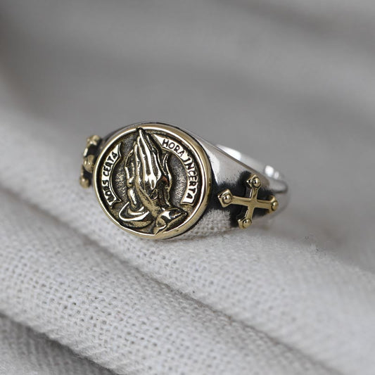 AMUSOUL  925 Sterling Silver Vintage Style Intricate Carved Praying Hands Ring