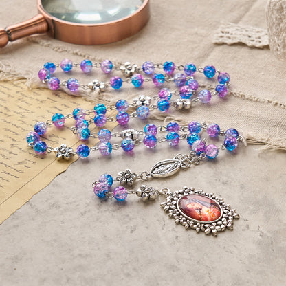 AMUSOUL Seven Sorrow of 8 mm Round Blue-Purple Gradient Rosary with Floral - Carved Our Lady of Sorrows Pendant