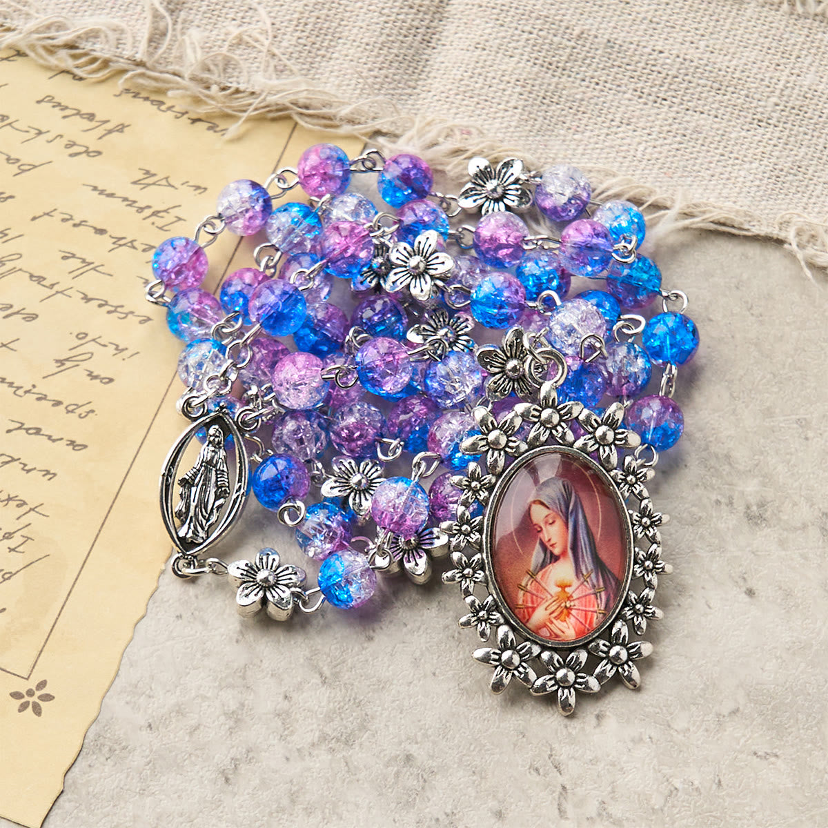 AMUSOUL Seven Sorrow of 8 mm Round Blue-Purple Gradient Rosary with Floral - Carved Our Lady of Sorrows Pendant